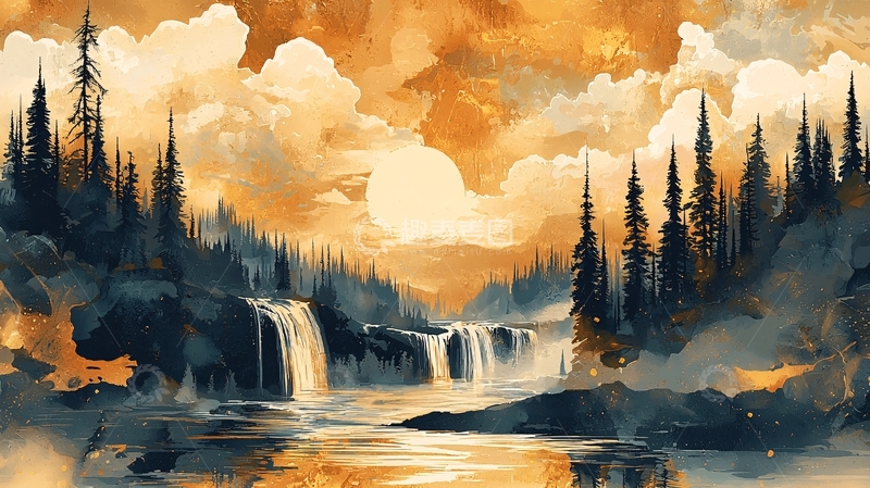 高清大图下载【趣麦麦图】金色瀑布森林水彩画
