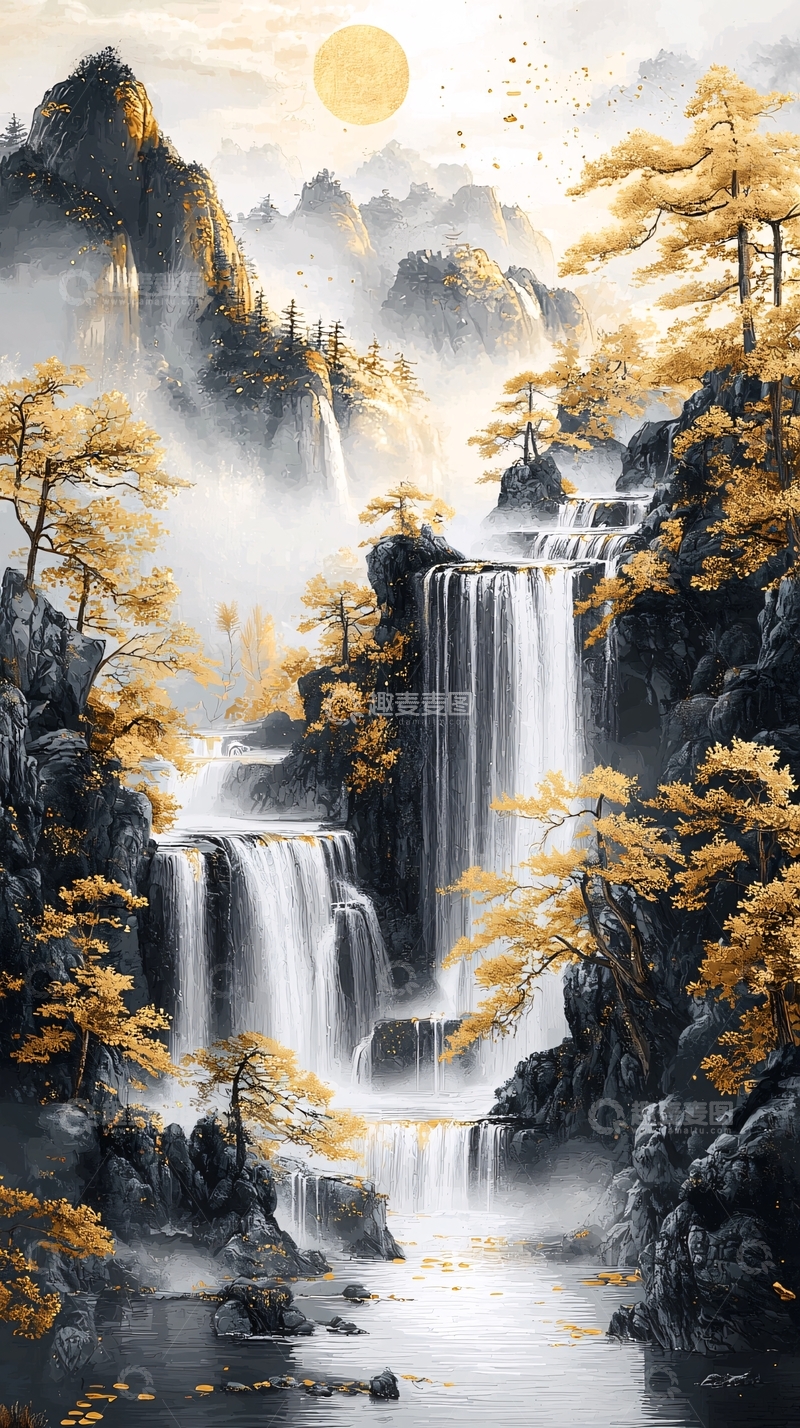 高清大图下载【趣麦麦图】水墨画风的山水瀑布
