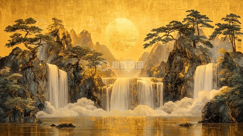 高清大图下载【趣麦麦图】金色山水瀑布唯美意境