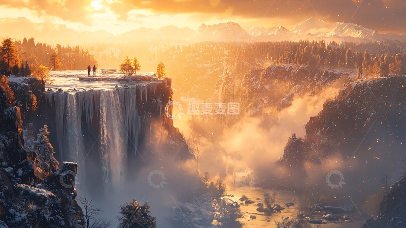 高清大图下载【趣麦麦图】壮丽瀑布金色夕阳下