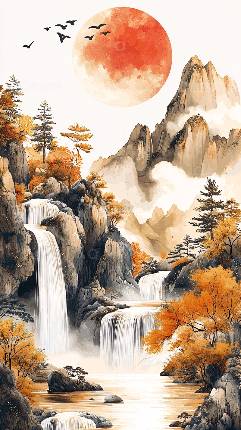 高清大图下载【趣麦麦图】秋日山水瀑布红月意境