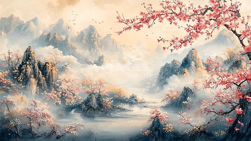 高清大图下载【趣麦麦图】山水桃花水墨画意境