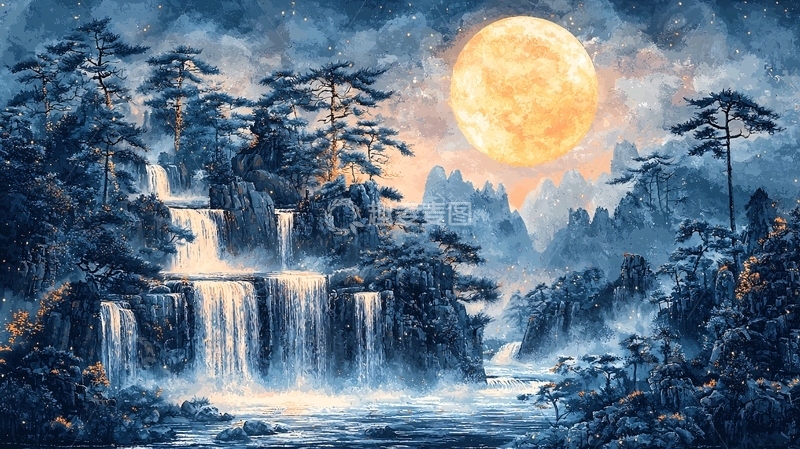 高清大图下载【趣麦麦图】月夜瀑布山水画