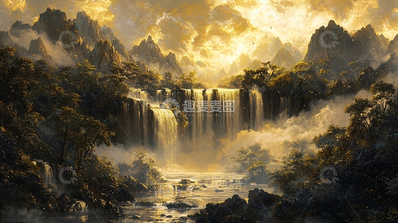 高清大图下载【趣麦麦图】黄金瀑布山水风景画