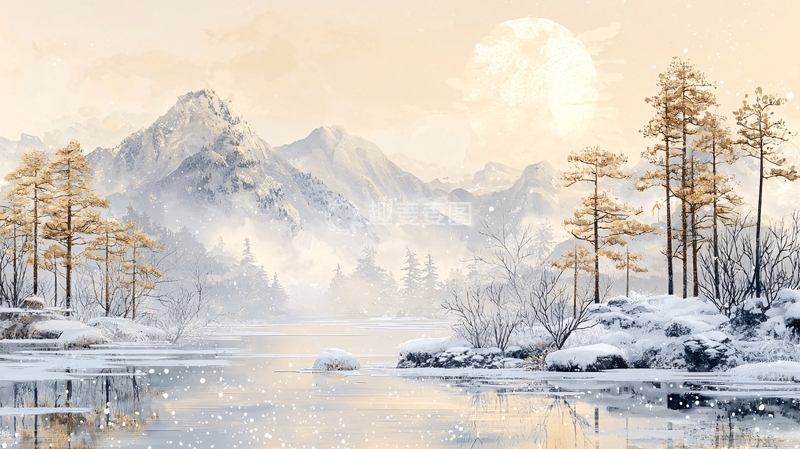 高清大图下载【趣麦麦图】冬日雪山湖泊宁静唯美