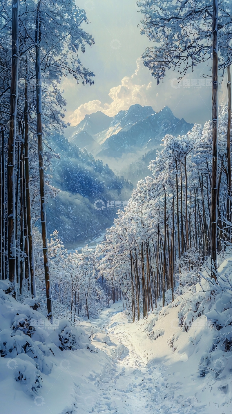 高清大图下载【趣麦麦图】雪山森林小路阳光