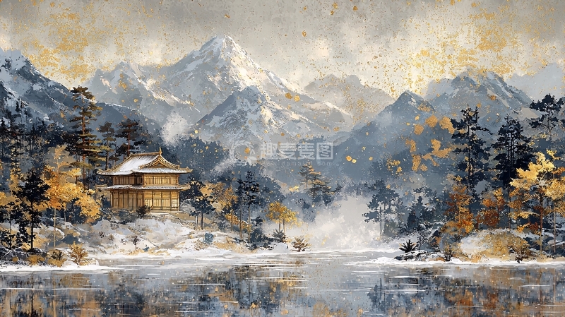 高清大图下载【趣麦麦图】雪山湖泊中的古建筑