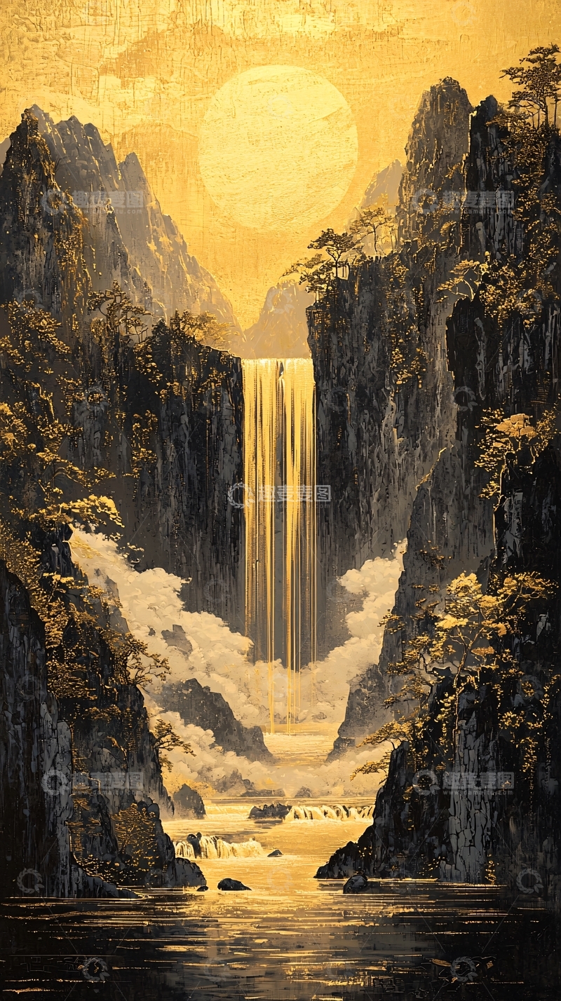 高清大图下载【趣麦麦图】金色山水瀑布水墨画