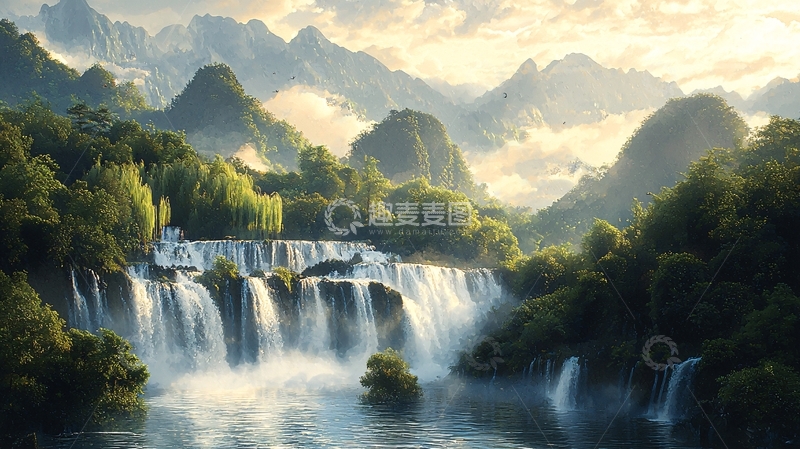 高清大图下载【趣麦麦图】壮丽瀑布山景如画