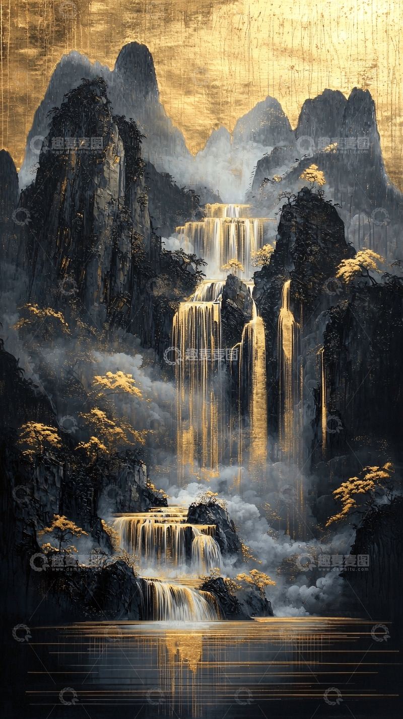 高清大图下载【趣麦麦图】金色瀑布山水水墨画