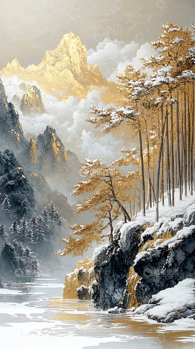 高清大图下载【趣麦麦图】金色山峰雪景水墨画
