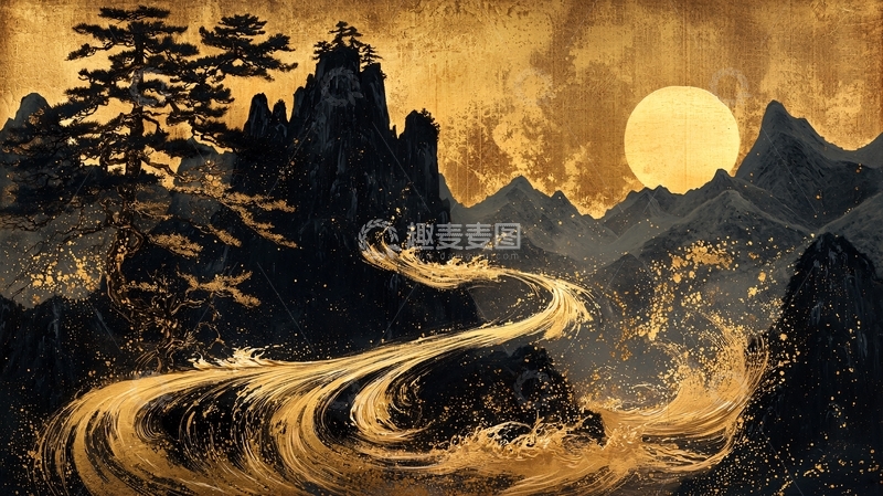 高清大图下载【趣麦麦图】金色山水画高清图片