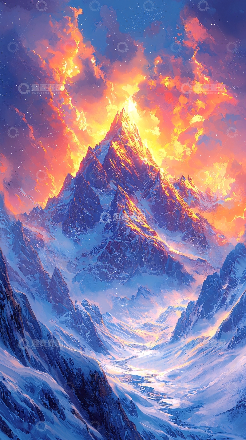 高清大图下载【趣麦麦图】雪山顶峰烈焰燃烧