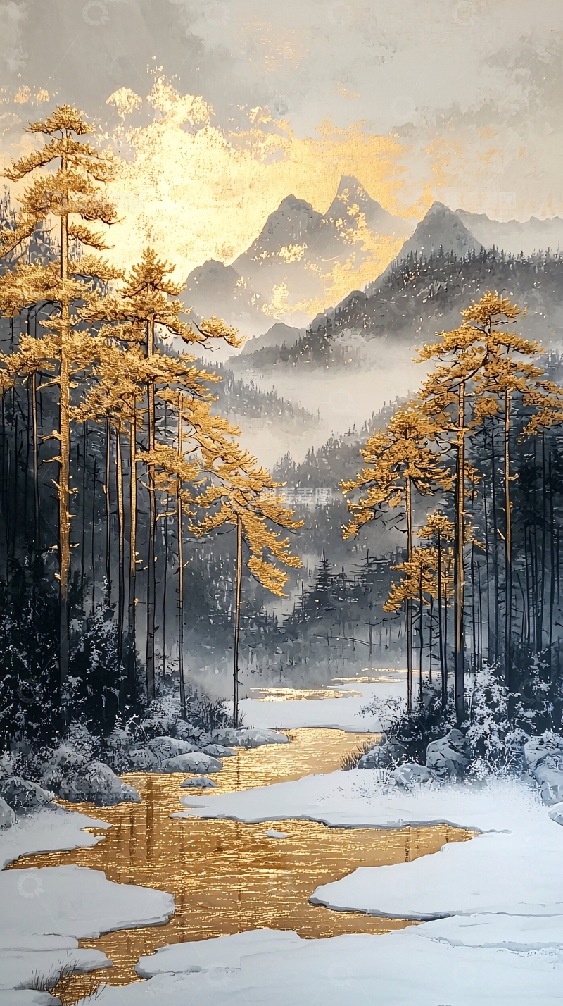 高清大图下载【趣麦麦图】金色森林雪景山脉