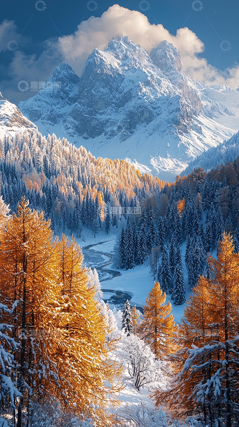 高清大图下载【趣麦麦图】雪山森林河流冬日美景