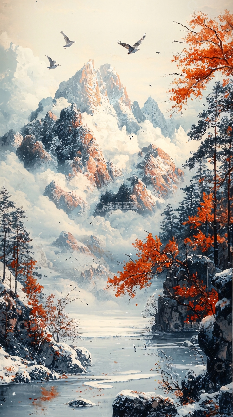 高清大图下载【趣麦麦图】雪山飞鸟唯美意境