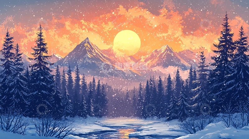 高清大图下载【趣麦麦图】冬季雪山日落森林场景