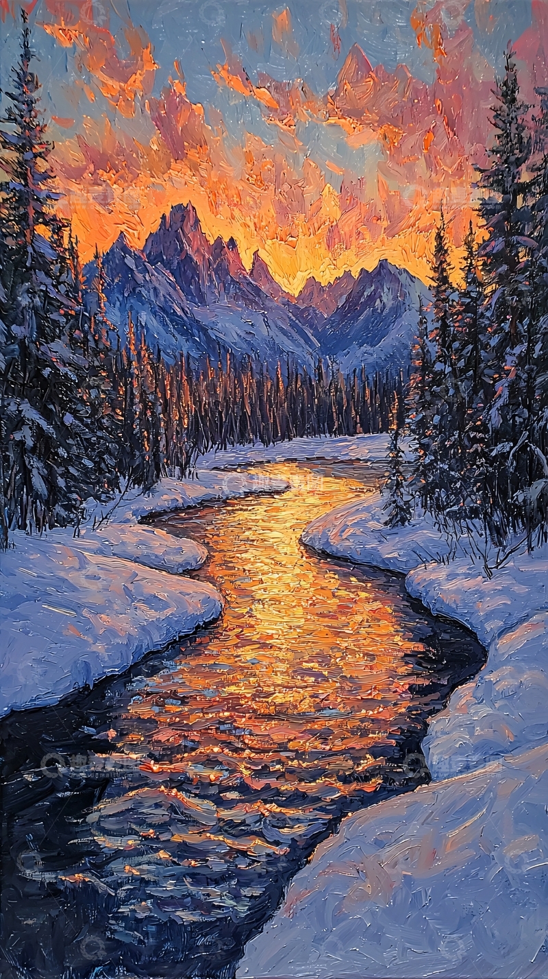 高清大图下载【趣麦麦图】金色夕阳下的雪山河流