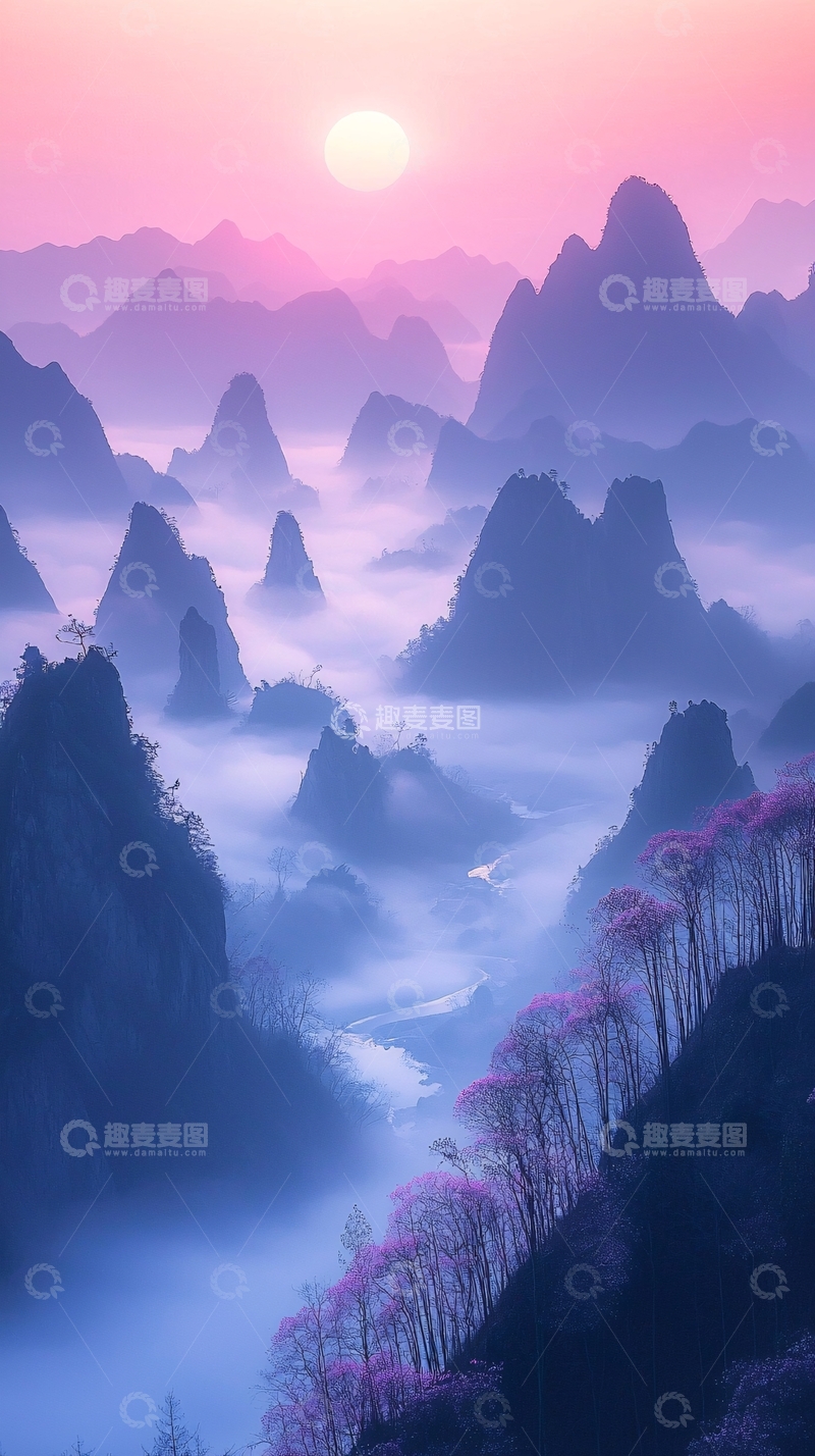 高清大图下载【趣麦麦图】粉色山峦云雾缭绕