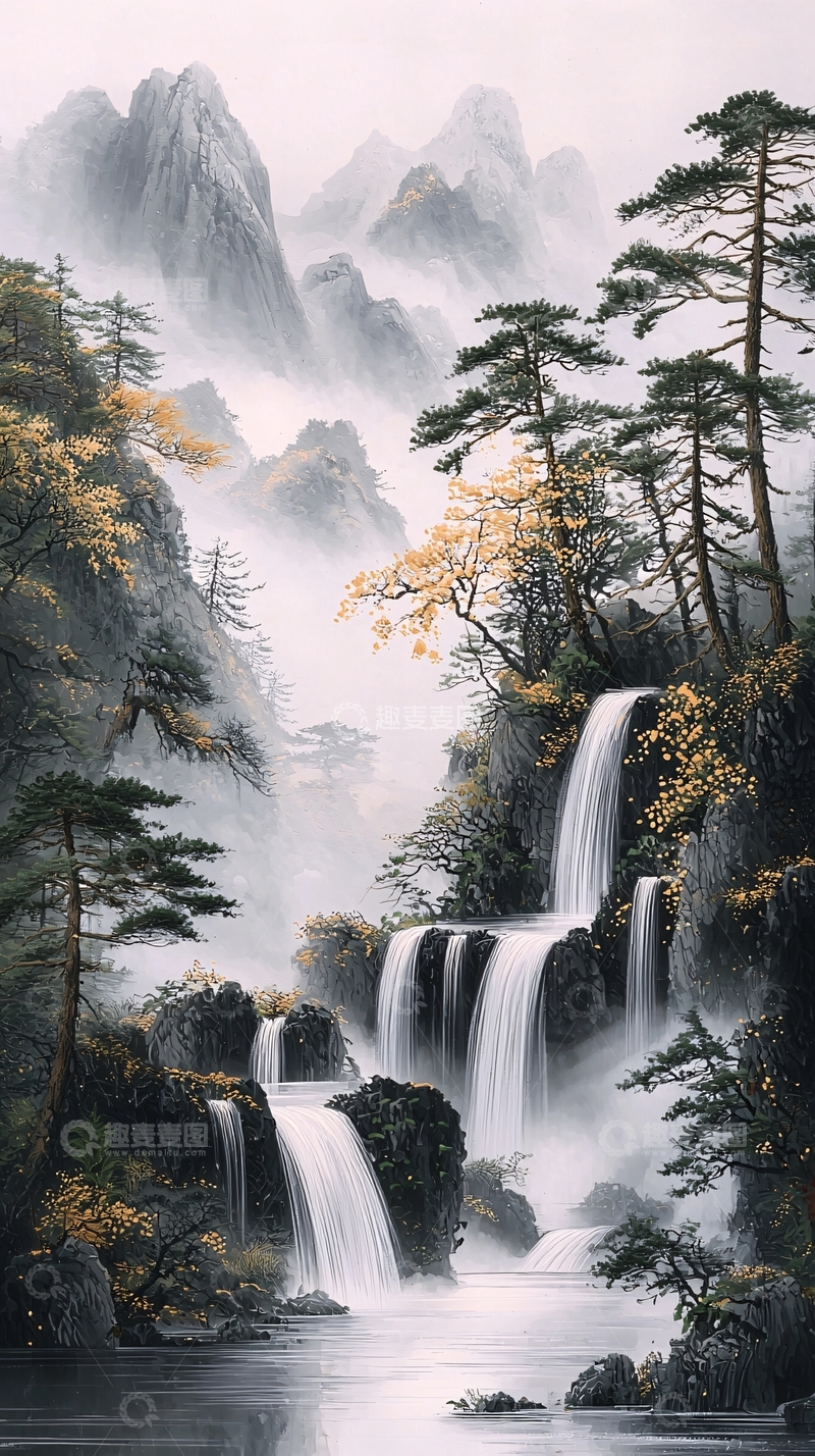 高清大图下载【趣麦麦图】山水雾绕瀑布如练