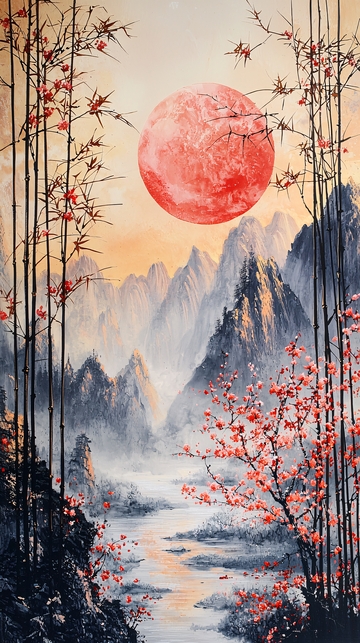 红色太阳下的山水国画