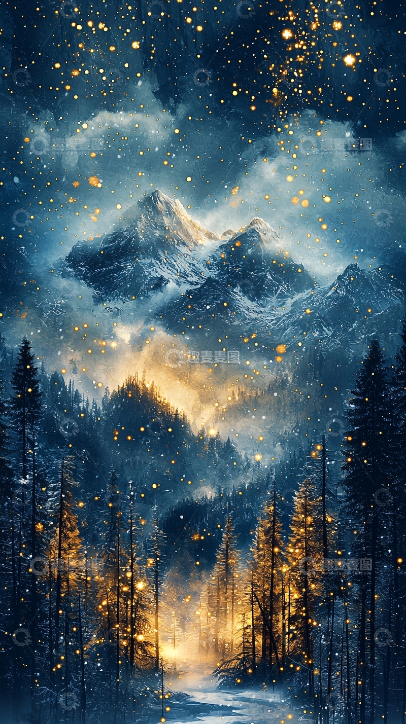 高清大图下载【趣麦麦图】星空下的雪山森林