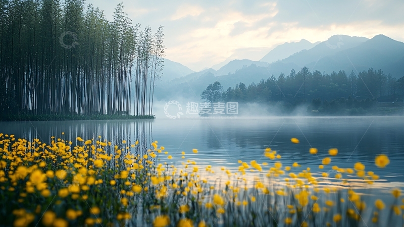 高清大图下载【趣麦麦图】湖边森林与黄色花朵