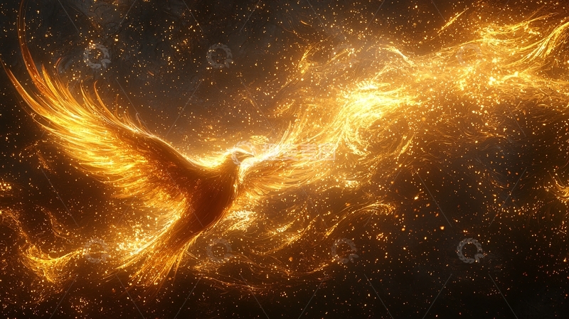 高清大图下载【趣麦麦图】金色火焰鸟在夜空中飞翔