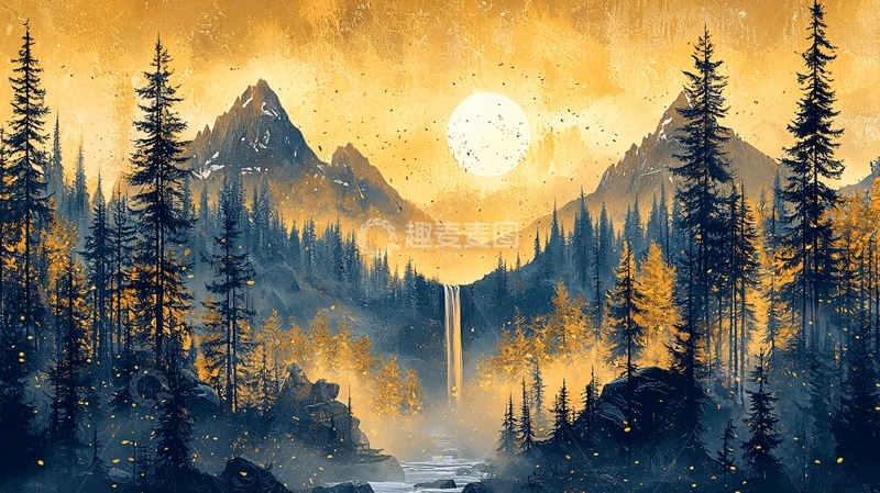 高清大图下载【趣麦麦图】水彩山景森林瀑布