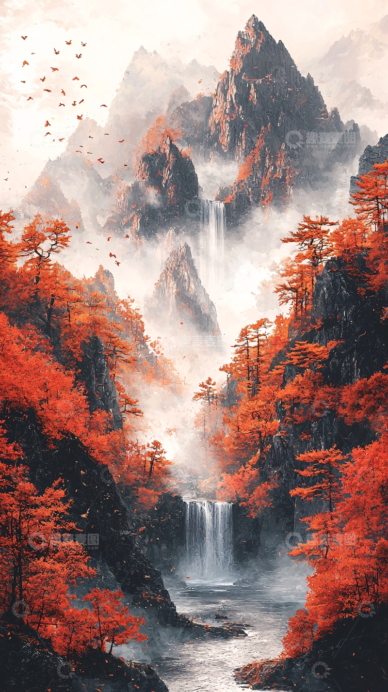 高清大图下载【趣麦麦图】红叶山水瀑布如画