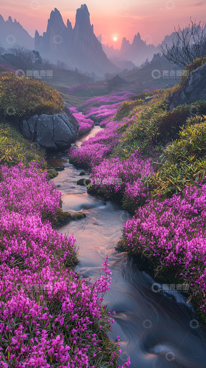高清大图下载【趣麦麦图】粉色花朵覆盖的溪流