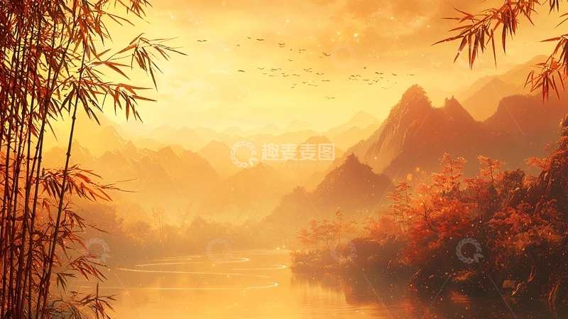 高清大图下载【趣麦麦图】金色山水竹林意境图