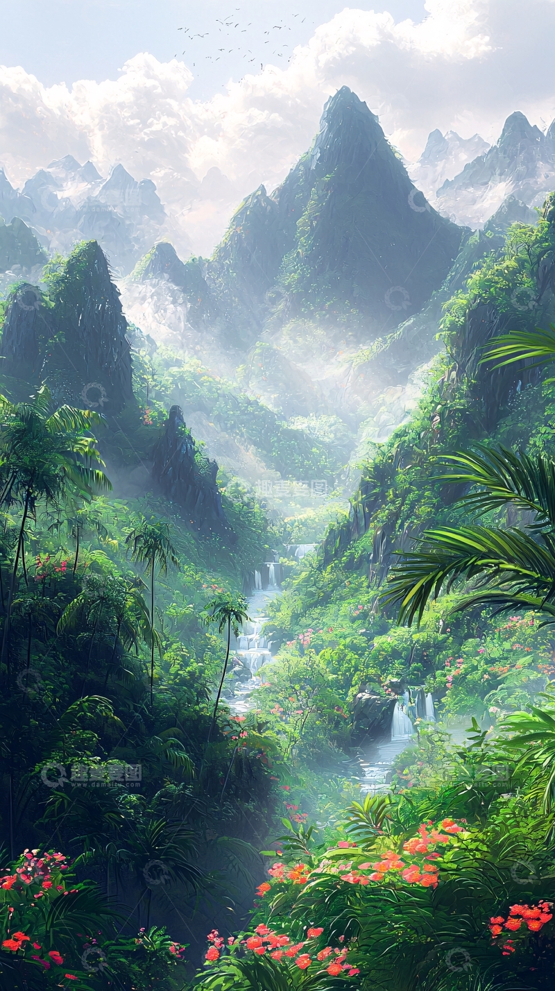 高清大图下载【趣麦麦图】茂密森林山间瀑布美景