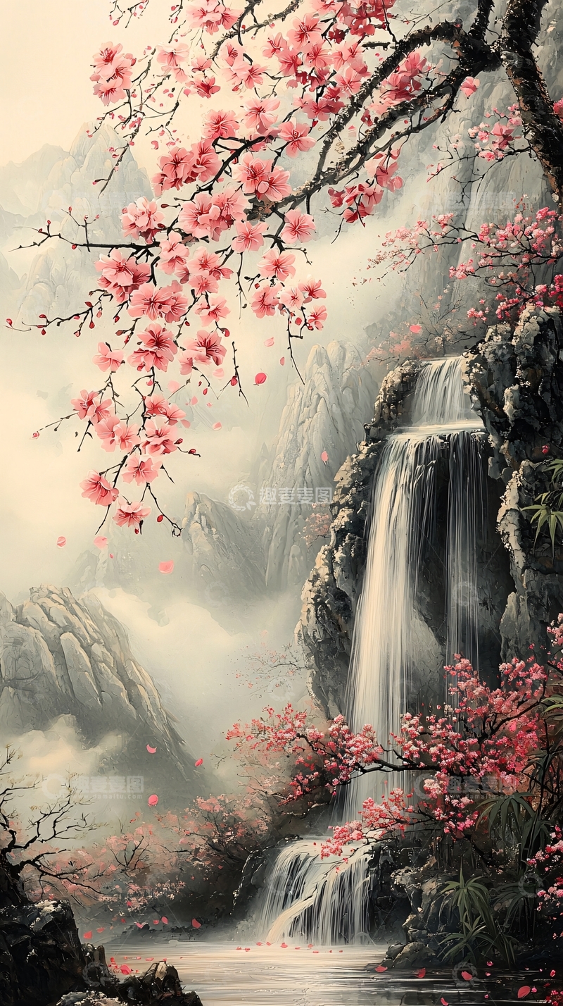高清大图下载【趣麦麦图】水墨风桃花瀑布山水