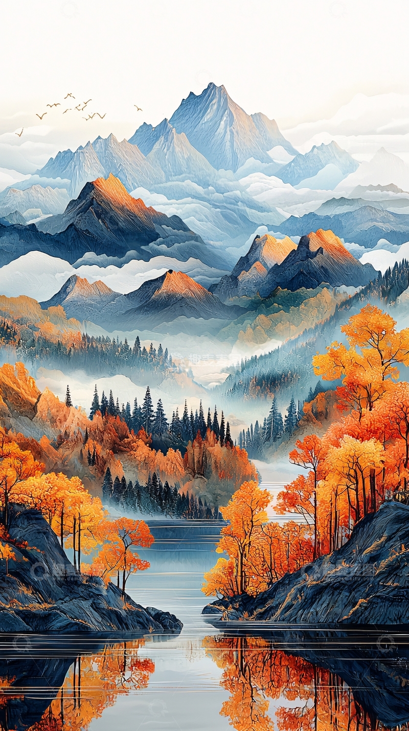 高清大图下载【趣麦麦图】秋日山水水墨画意境