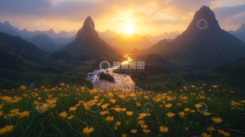 高清大图下载【趣麦麦图】金色阳光下的山水田园