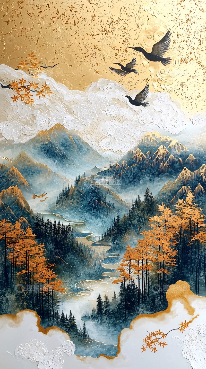 高清大图下载【趣麦麦图】水墨风山水飞鸟