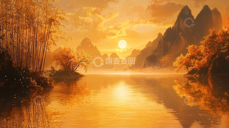 高清大图下载【趣麦麦图】金色湖面倒影山水风景