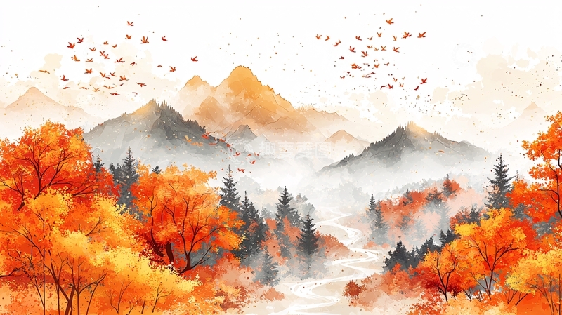 高清大图下载【趣麦麦图】秋季山水水墨风格绘画