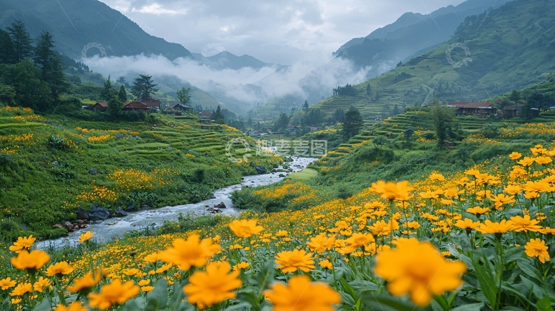 高清大图下载【趣麦麦图】山间花海溪流的宁静景色