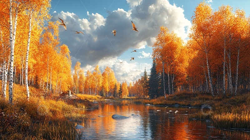 高清大图下载【趣麦麦图】秋日金黄树林与平静湖面
