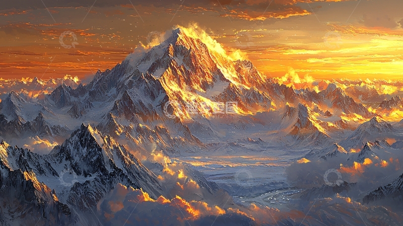 高清大图下载【趣麦麦图】金色阳光下的雪山顶峰