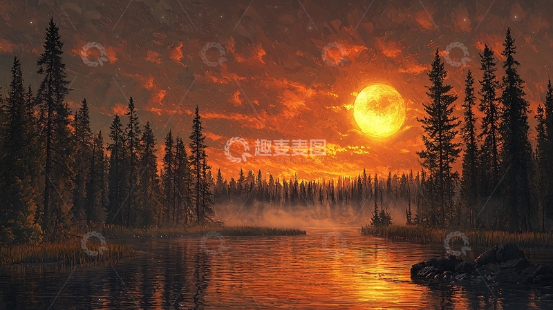高清大图下载【趣麦麦图】宁静湖面的日落森林景色