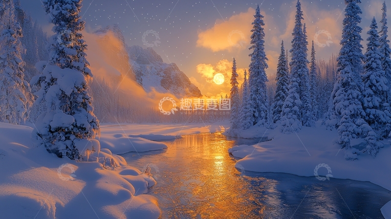 高清大图下载【趣麦麦图】雪山森林日落倒影