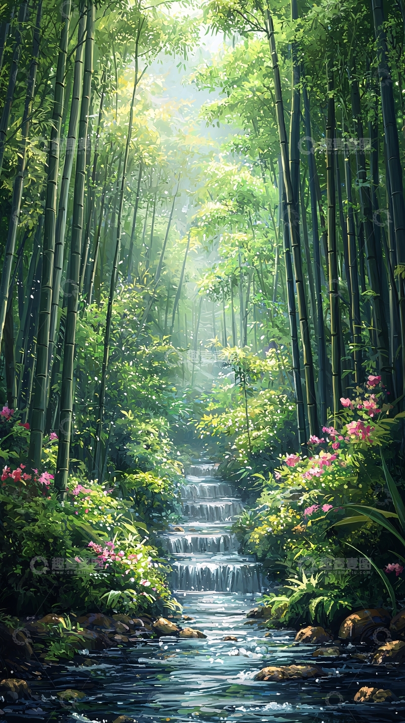 高清大图下载【趣麦麦图】翠竹掩映下的流水台阶
