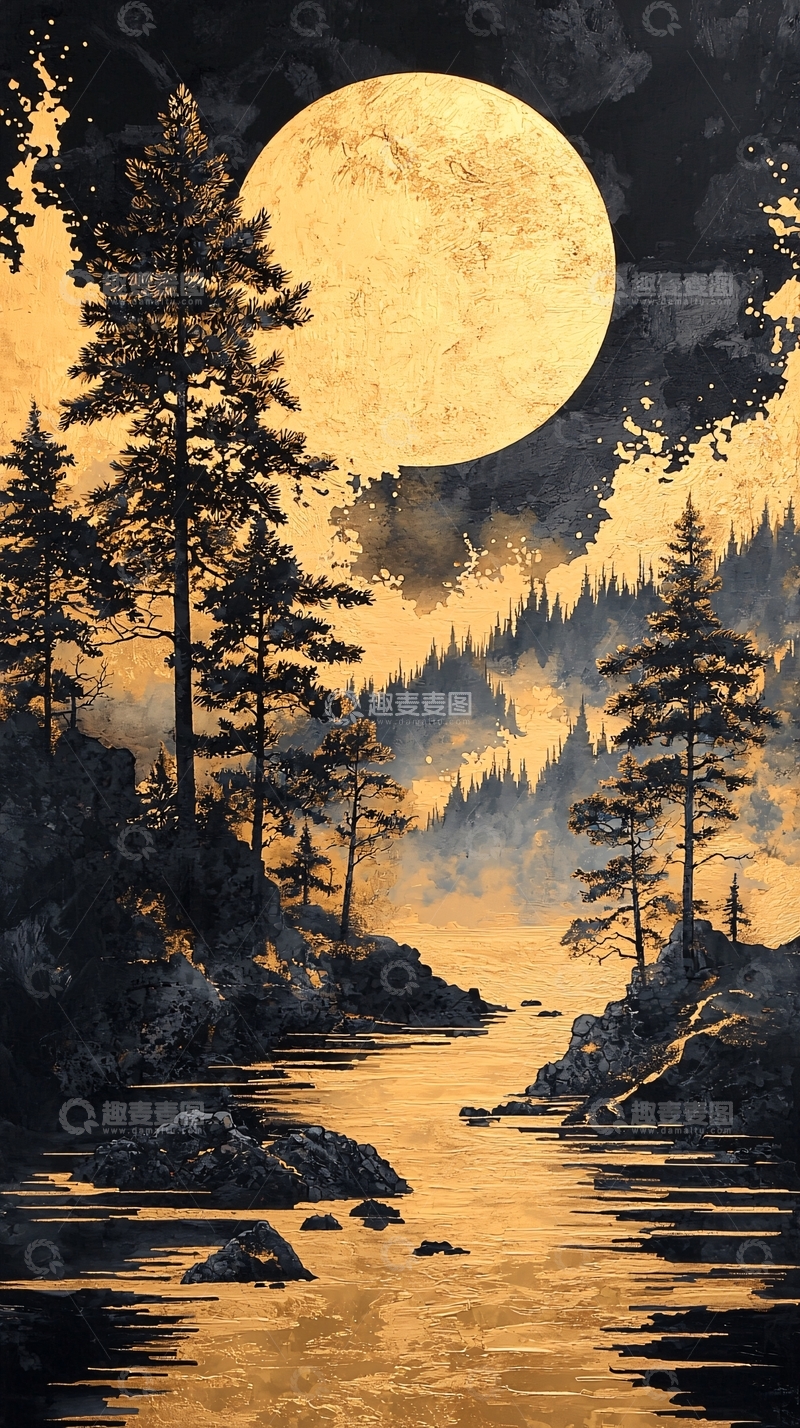 高清大图下载【趣麦麦图】金色月亮下的森林河流