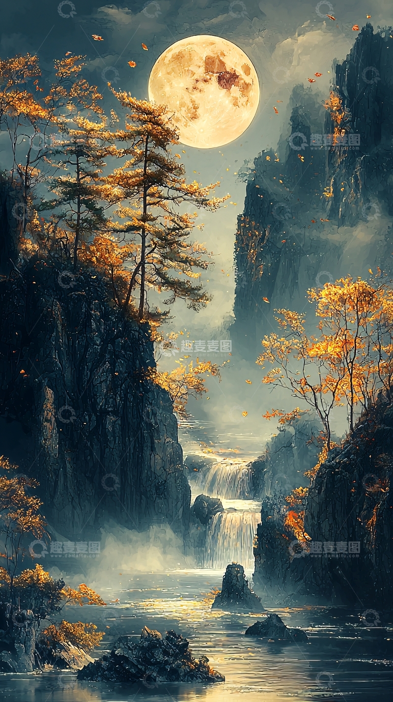 高清大图下载【趣麦麦图】月夜山水瀑布唯美意境