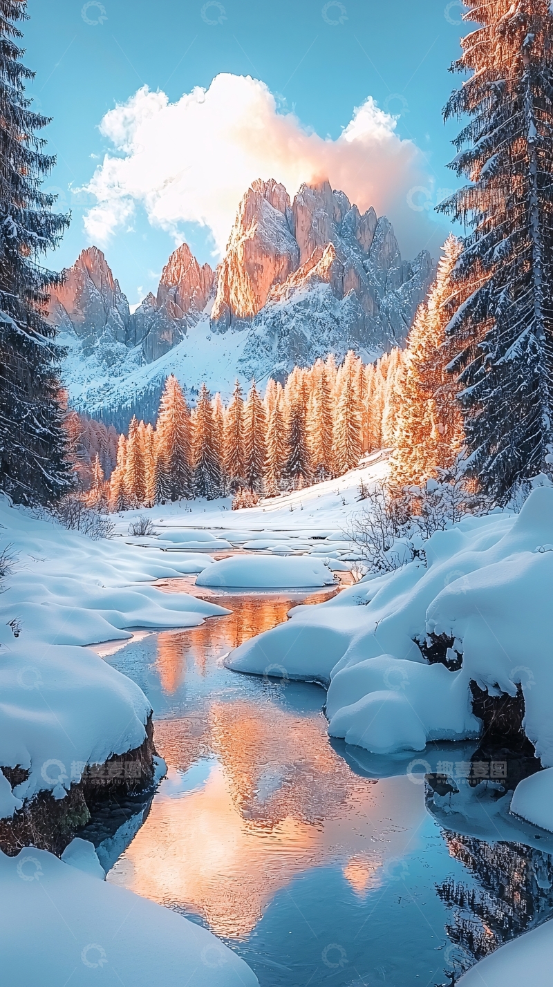 高清大图下载【趣麦麦图】雪山下的河流森林美景