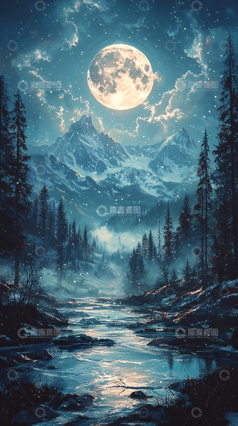 高清大图下载【趣麦麦图】宁静的月夜山水