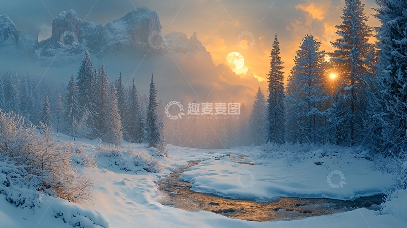 高清大图下载【趣麦麦图】雪山森林日出美景